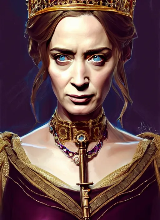 Image similar to portrait of emily blunt as beautiful queen, jewelry, greek, dark, victorian age, 1 8 9 0, intricate, headshot, key visual, conceptart, ambient lighting, highly detailed, digital painting, artstation, concept art, sharp focus, by makoto shinkai and akihiko yoshida and greg manchess