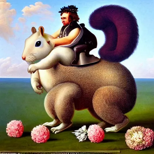 Prompt: a giant fluffy squirrel carrying napoleon bonaparte on its back, on a beach, surrounded by flowers and foliage, surrealist painting