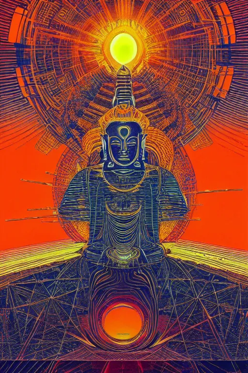 Prompt: a blazing geometric sun above a techno buddha, detailed, 4 k, warm colours, by beeple stanley donwood and philippe druillet,