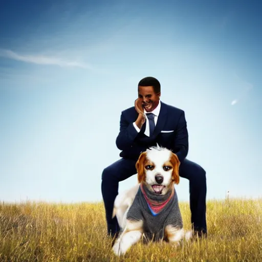 Image similar to a photo of a dog in a suit riding a black man, 4 k