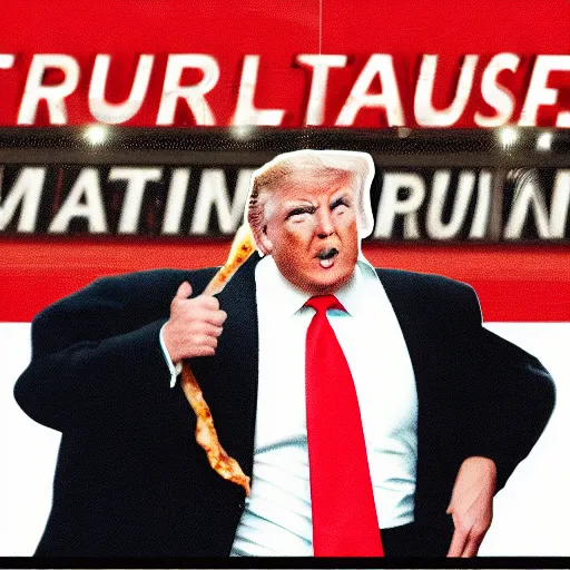 Image similar to Donald Trump running in a marathon while eating a fat slice of pizza, photorealistic