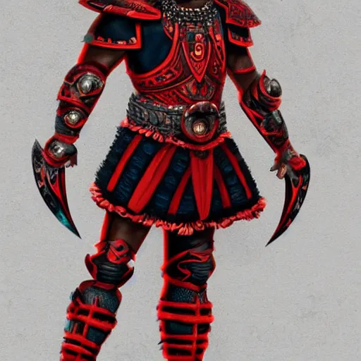 Prompt: maya warrior in a ornated armor preparing for war, full body, dynamic pose, red and black neon, concept art, intricate details, highly professionally detailed, cgsociety, highly detailed -