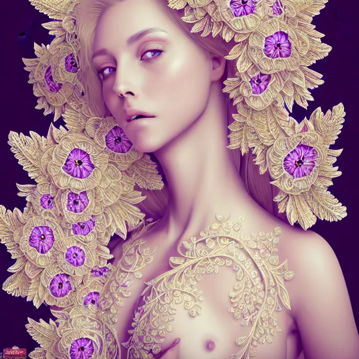 Image similar to photo portrait of a beautiful woman like a queen-flower-angel, dressed in long elegant intricate ornamental flowers white dress, natural skin tone, intricate fractal highly detailed flowers ornament in the upper side of breast, bust with a very long neck , elegant, highly detailed intricate flowers ornament in her blond long hair, Realistic, Refined, Highly Detailed, Cinematic pastel Lighting, fine art photography by Paolo Roversi, volumetric lighting, hyper realistic photography