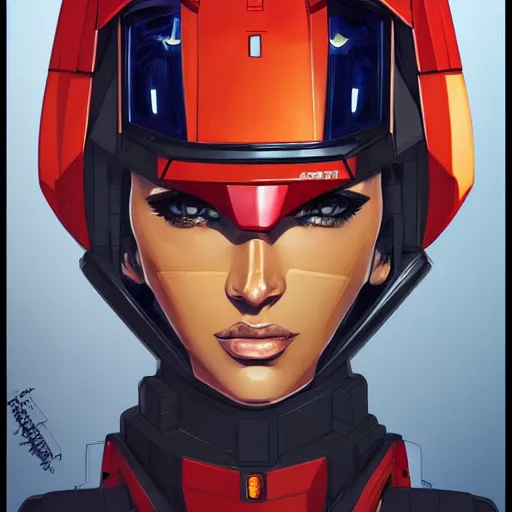 Image similar to portrait of stunning megan fox gundam pilot, with an intricate, detailed, urban inspired hiphop afro futuristic helmet, vector behance hd jesper ejsing, rhads, makoto shinkai, lois van baarle, ilya kuvshinov, rossdraws, hd, 3 2 k, ilya kuvshinov, gustav klimt