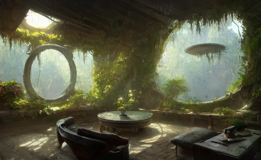 Image similar to painting of an interior of a hidden ring - shaped living quarters overlooking the great room, well maintained, clean, lush plants and flowers, other bedrooms can be seen, natural light, fantasy, natural light, concept art, by greg rutkowski and craig mullins, cozy atmospheric and cinematic lighting, trending on artstation