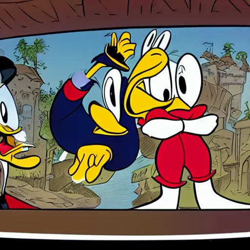 Prompt: A splash panel with Donald Duck and Scrooge mcDuck
