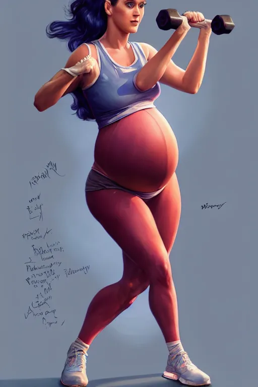 Prompt: pregnant katy perry in workout clothes, realistic portrait, symmetrical, highly detailed, digital painting, artstation, concept art, smooth, sharp focus, illustration, cinematic lighting, art by artgerm and greg rutkowski and alphonse mucha