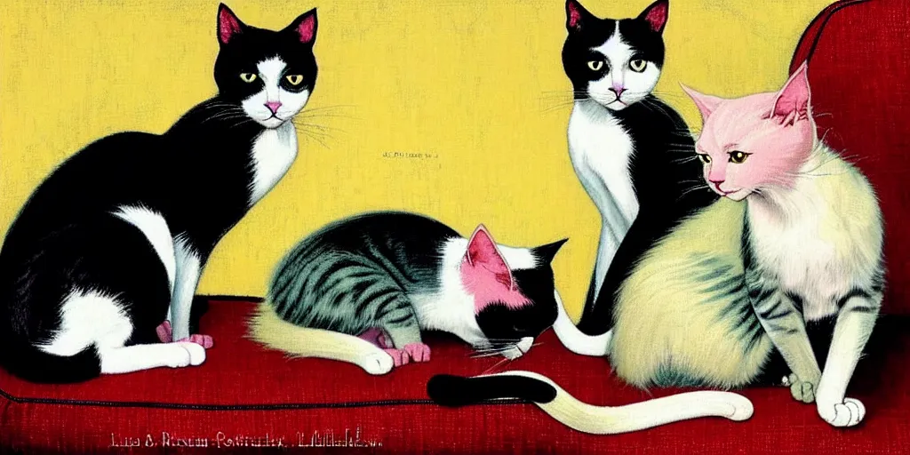 Prompt: two cats on an old armchair, blue and white hair, yellow and pink hair, style of norman rockwell
