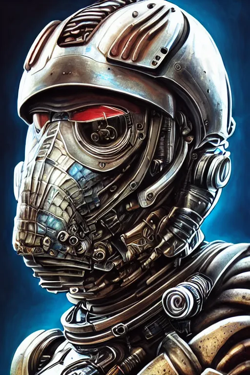 Image similar to a portrait of a muscular anthropomorphic cyberpunk basilisk lizard with big head in spacesuit armor with ensignia on chest plate by sandra chevrier, by jon foster, detailed render, pistol in holster, tape deck, epic composition, cybernetics, 4 k realistic, cryengine, realistic shaded lighting, sharp focus, masterpiece, by enki bilal