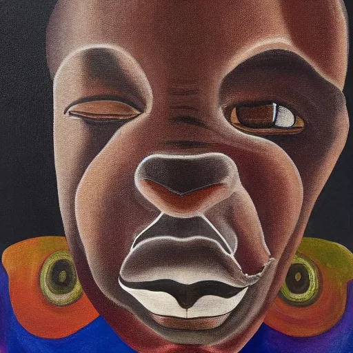 Prompt: a painting of a fatherly, aquiline nose, wide forehead, round face, XXL , loving, caring, generous, ever-present, humble, wise elder from Kenya with a friendly expression in a suit by Wangechi Mutu . Fatherly/daddy, focused, loving, leader, relaxed,. ethereal lights, details, smooth, sharp focus, illustration, realistic, cinematic, artstation, award winning, rgb , unreal engine, octane render, cinematic light, macro, depth of field, blur, red light and clouds from the back, highly detailed epic cinematic concept art CG render made in Maya, Blender and Photoshop, octane render, excellent composition, dynamic dramatic cinematic lighting, aesthetic, very inspirational, arthouse.