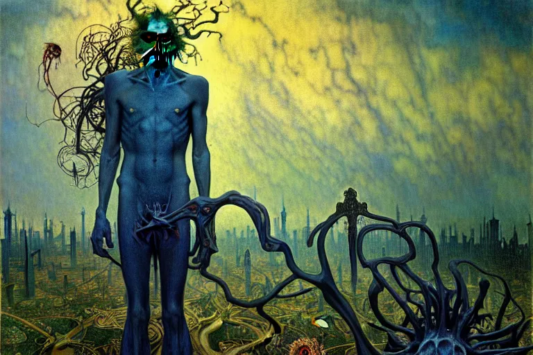 Prompt: realistic detailed portrait painting of a male zombie, nightly graveyard landscape background by Jean Delville, Amano, Yves Tanguy, Alphonse Mucha, Ernst Haeckel, Edward Robert Hughes, Roger Dean, masterpiece, cinematic composition, dramatic pose, 4k details, rich moody colours, blue eyes