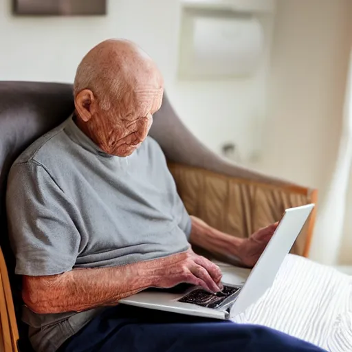 Image similar to elderly man sitting in a casket browsing internet on laptop from a casket casket