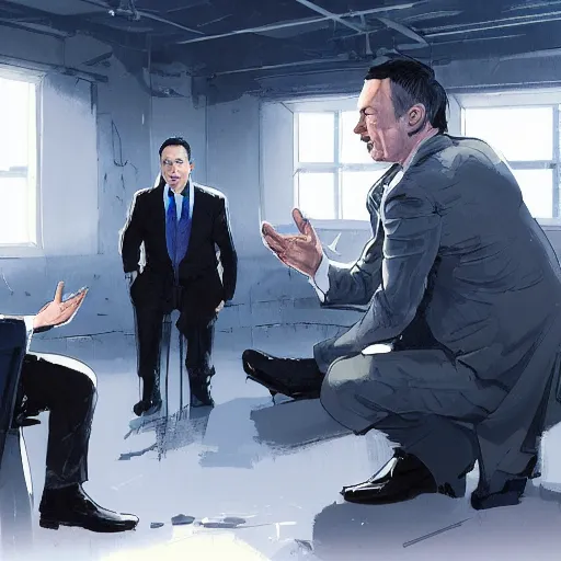 Prompt: illustration of a meeting between elon musk, mark zuckenberg, jeff bezos, very clear face, high quality, very detailled, by artgem, by david rutkowski, greg ruthowski, yoji shinkawa, ruan jia