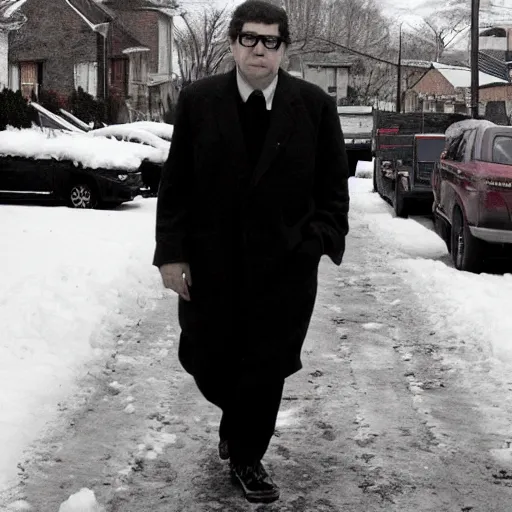 Image similar to Morton Feldman wearing a powersuit while walking through the suburbs in the winter