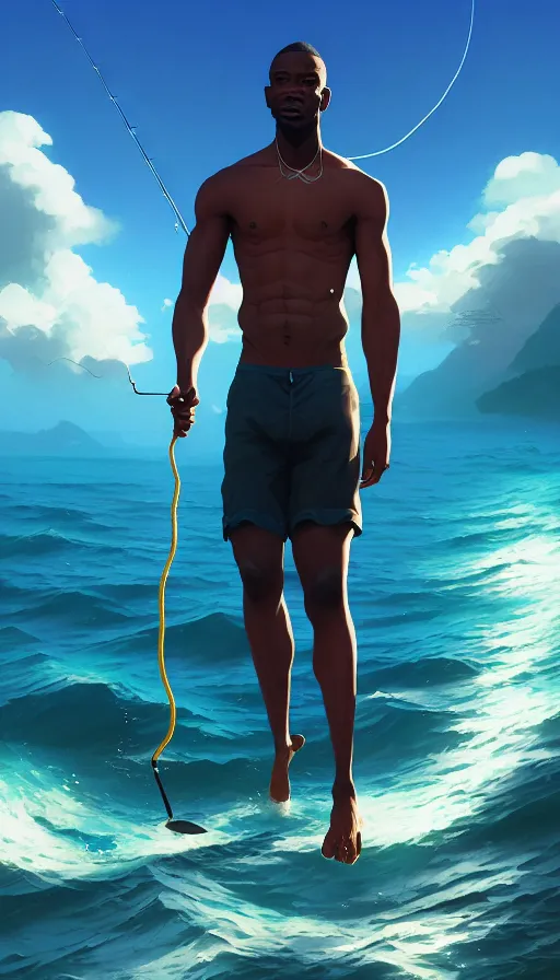 Image similar to highly detailed portrait of one athletic modern jamaican man, fishing, magical glowing fishing rod, ocean background, unreal engine, fantasy art by greg rutkowski, loish, rhads, makoto shinkai and lois van baarle, ilya kuvshinov, rossdraws, tom bagshaw, global illumination, radiant light, detailed and intricate environment