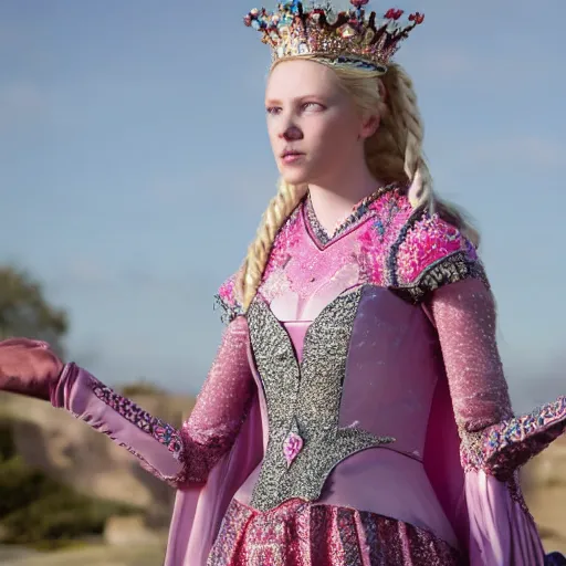 Image similar to an infallible princess with long blonde hair and blue eyes wearing a elaborately beaded pink dress and pink conical hennin, high resolution film still, live-action film by Simon Langton