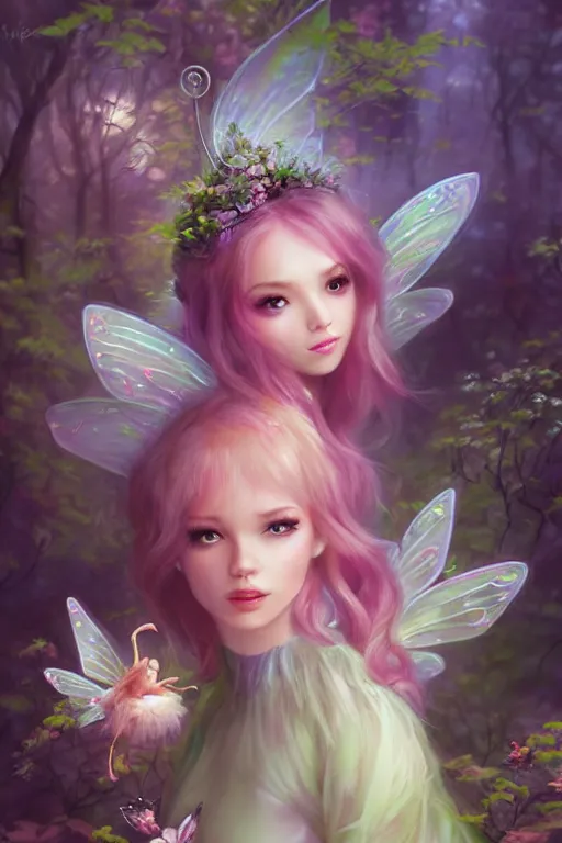 Image similar to a cute fairy in the dreamy forest, fantasy, 8 k resolution, hyper detailed, d & d, character design, digital painting, trending on artstation, sharp focus, illustration, art by artgerm, steve zheng, fuji choko, viktoria gavrilenko, hoang lap