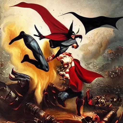 Prompt: 1800s oil painting of Spawn fighting Batman in the pits of hell