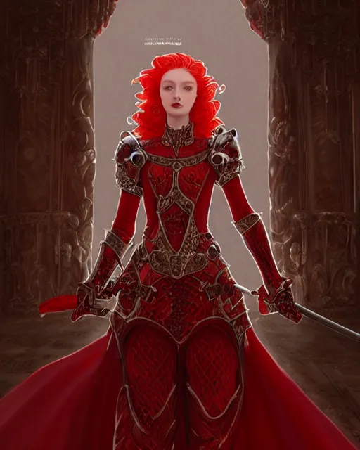 Image similar to redhead queen knight in red armor, inside grand hall in castle with rococo aesthetic, beautiful face, intimidating, high fantasy, intricate detail, digital painting, artstation, concept art, smooth, sharp focus, illustration, art by yoshitaka amano and monia merlo and wlop, masterpiece.