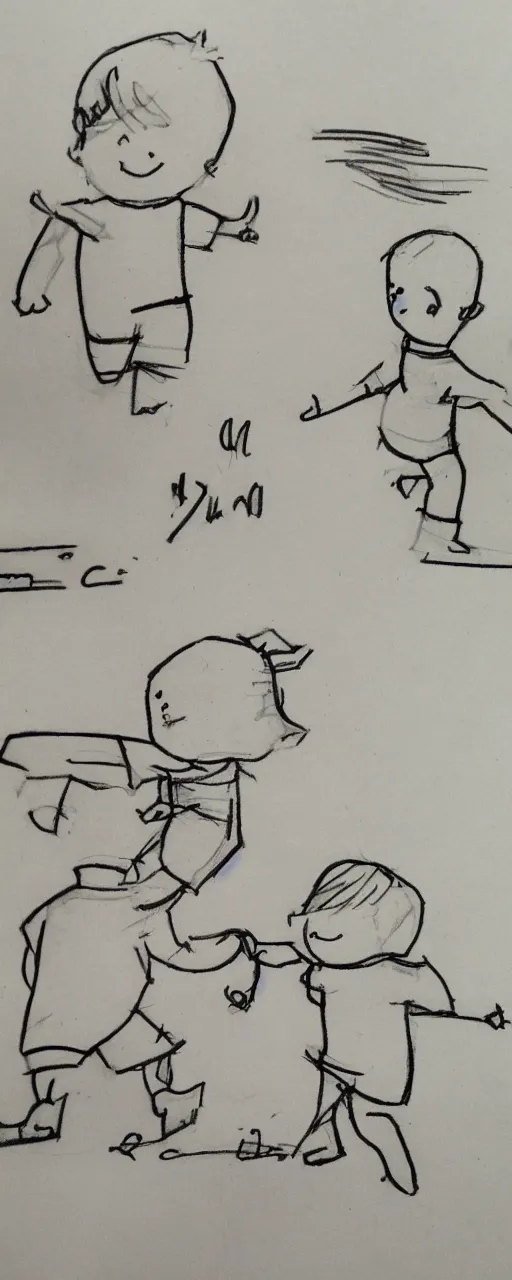 Image similar to a child's simple drawing of playing with a friend, concept art, sparse layout
