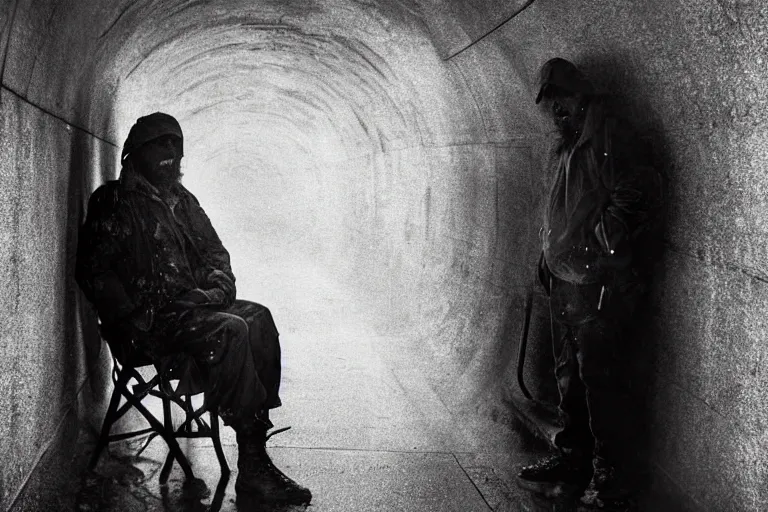 Image similar to a cinematic!! headshot photograph!! of a beautiful homeless war veteran, stood in a tunnel, rain, film still, cinematic, dramatic lighting, by bill henson