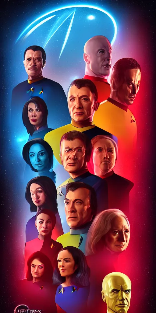 Image similar to Star Trek TNG crew portrait photo, Cyberpunk 2049, highly detailed, pop art poster, vector art, Unreal engine, Octane render, Weta digital, HDRP, RTX, volumetric lighting