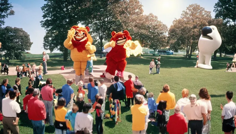 Prompt: 1990s candid photo of a beautiful day at the park, cinematic lighting, cinematic look, golden hour, costumed corporate mascot people giving presentations to families, Enormous personified corporate people with outstandingly happy faces coming out of a portal and talking to families, UHD