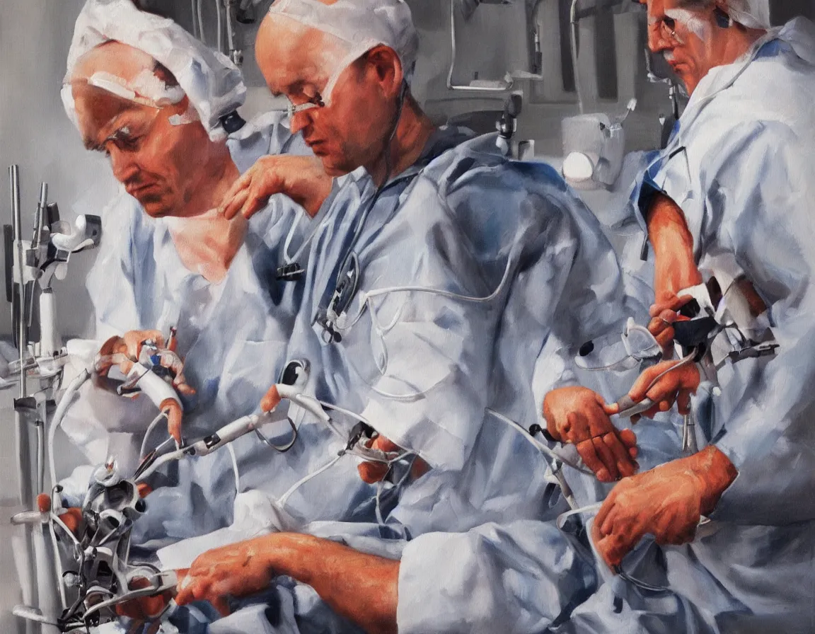 Image similar to doctor operating on a knee using zimmer biomet rosa knee, operating room, oil painting