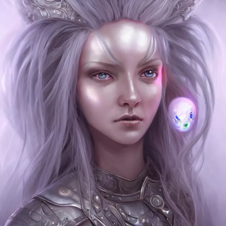 Image similar to portrait anthropomorphic candy gumdrop character with brilliant silver flowing hair and a brilliant jeweled silver helm, beautiful white glowing eyes, wideshot ultrawide angle epic scale, hybrid from The Elden Ring and art direction by Darius Zawadzki ;by artgerm; wayne reynolds art station; cinematic quality character render; low angle; ultra high quality model; production quality cinema model;