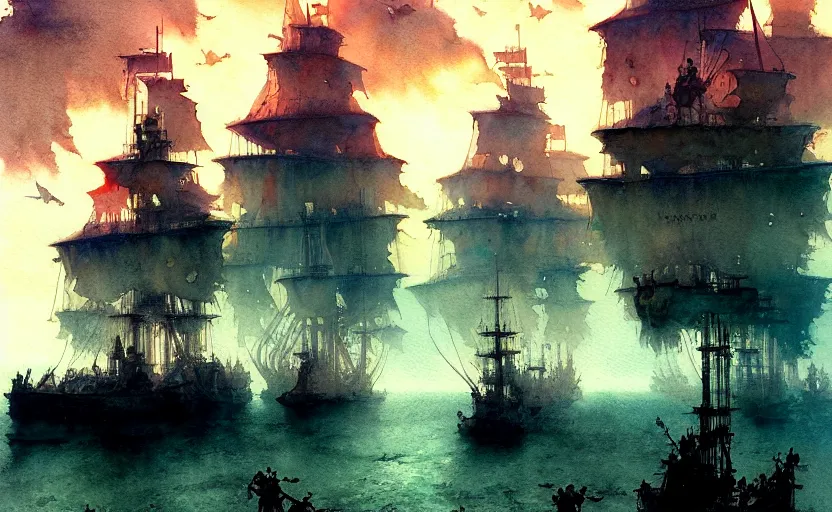 Image similar to pirate galleon fleet. intricate, amazing composition, colorful watercolor, by ruan jia, by maxfield parrish, by marc simonetti, by hikari shimoda, by robert hubert, by zhang kechun, illustration, gloomy, volumetric lighting, fantasy