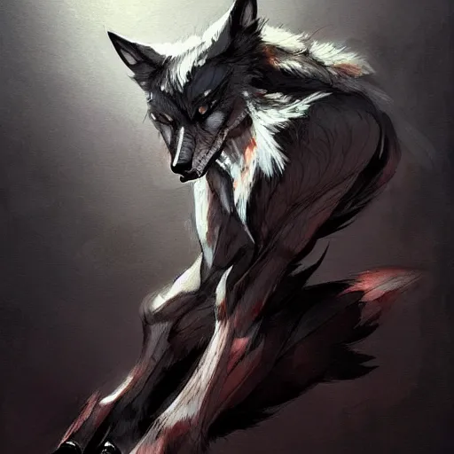 Image similar to concept art of night themed wolf fullbody, highly detailed painting by dustin nguyen, akihiko yoshida, greg tocchini, 4 k, trending on artstation, 8 k