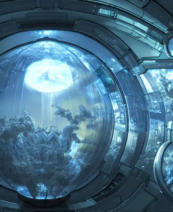 Image similar to chronovisor, transparent clear see - through image from inside the vatikan, aurora spaceship environment, ultra realistic, concept art, photorealistic, octane render, 8 k, unreal engine. art by gustave dore and nori inoguchi and sam kaplan and zachary goulko and christopher marley and artgerm and alphonse mucha