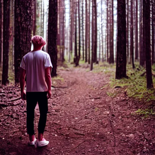 Image similar to kodak portra 4 0 0 photograph of a skinny blonde guy standing in dark forest on a glowing path, back view, flower crown, moody lighting, telephoto, 9 0 s vibe, blurry background, vaporwave colors, faded!,