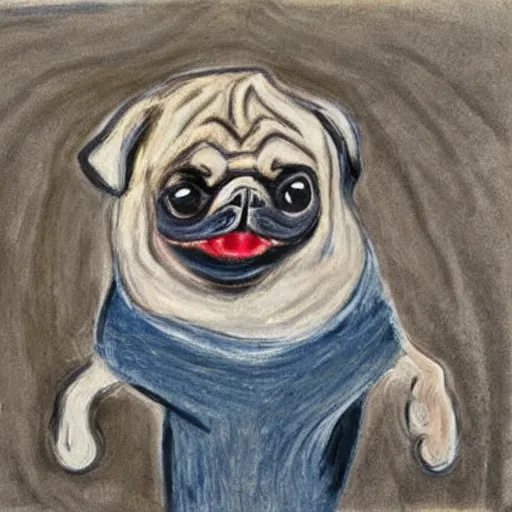 Image similar to a mouth-opened pug in shock , in the Style of The Scream , painted by Edvard Munch