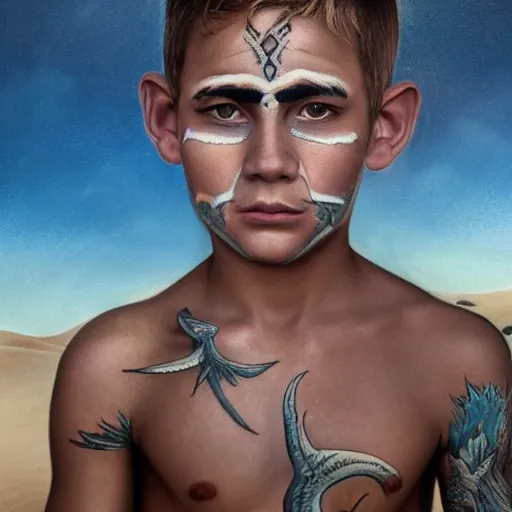 Image similar to a detailed portrait of a boy with a face tattoo in the desert, fantasy art illustration, incredibly highly detailed and realistic, 8 k, sharp focus