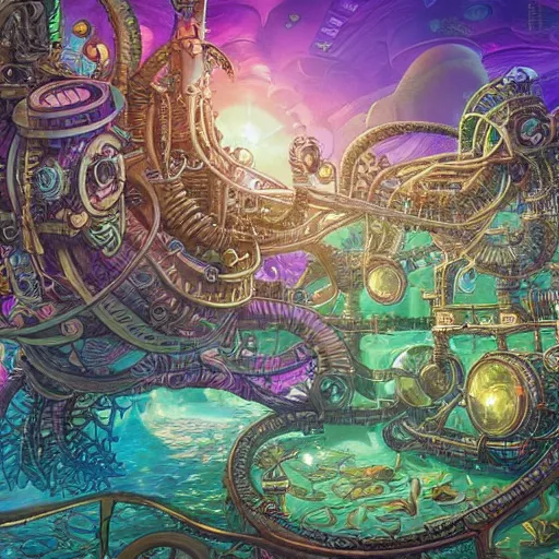 Image similar to mythical dreamy organic translucent bio-mechanical overpopulated underwater sci-fi steampunk city with seahorses, highly detailed, intricate crystal jelly steampunk ornate, in Rick and Morty art style