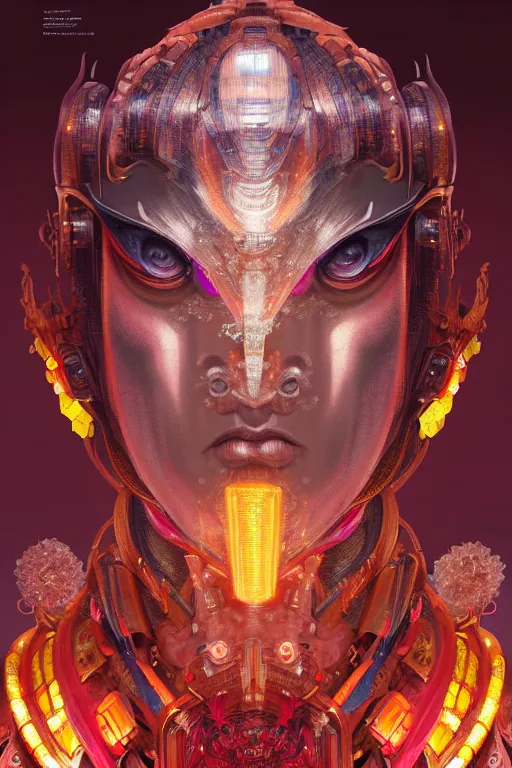 Image similar to asura from chinese myth, ghost, gorgeous and huge head ornaments, dystopian, cyberpunk, organic fractal mycelum and fungi, mecha, halfturn portrait of a big crystal face made of crystals half - turn, ominous, intricate, studio, art by anthony macbain + greg rutkowski + alphonse mucha, concept art, 4 k, sharp focus