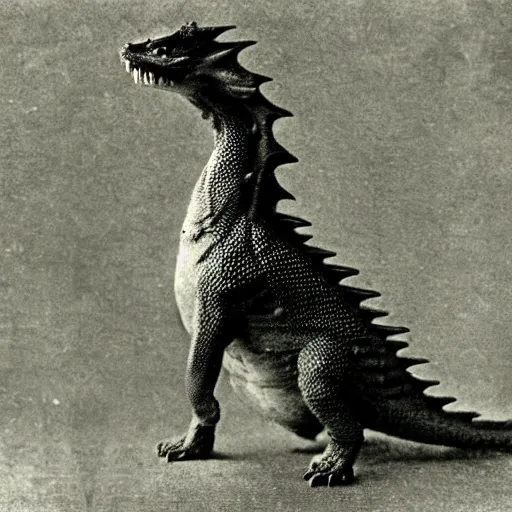 Prompt: victorian photograph of a pet dragon, highly realistic, scaly, grainy photo, very blurry, creature, faded, taken in the 1 8 8 0 s, 1 8 7 0 s, 1 8 9 0 s
