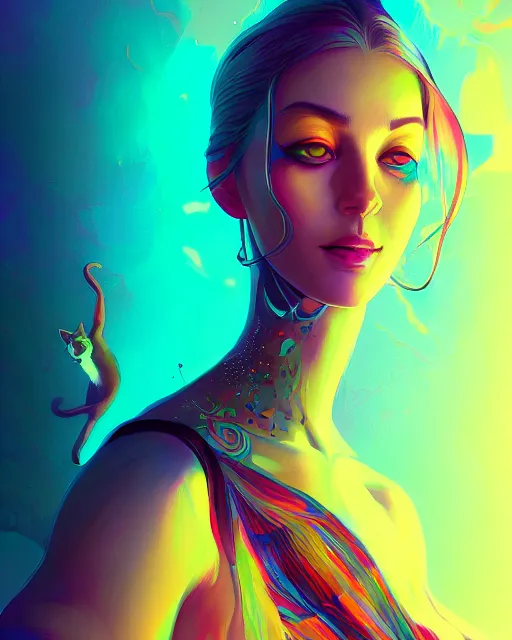 Image similar to lsd, acid trip, a beautiful woman with ( cat ) features, dramatic lighting, by lois van baarle, artgerm, wlop, greg rutkowski, ultra detailed colorful repeating fractals in the background by moebius, beeple, artstation