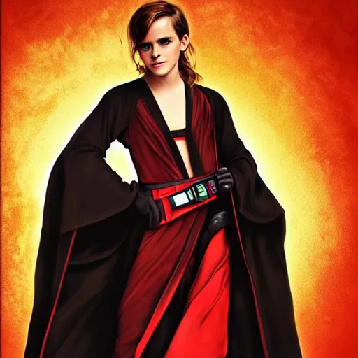 Prompt: emma watson as a sith lord with a cloak and a lightsaber