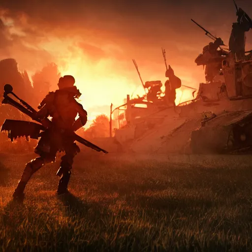 Image similar to war torn fantasy battlefield, violent, one warrior still standing, sunset, octane render, beautiful