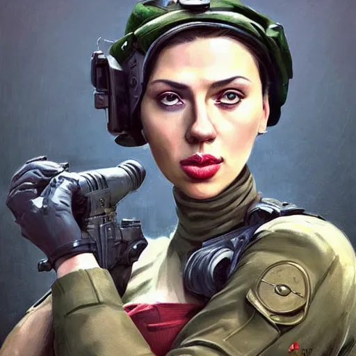 Image similar to portrait of nadezhda konstantinovna krupskaya as scarlett johansson in team fortress 2 style, epic, tragic, military art, fantasy, dieselpunk, hd shot, digital portrait, beautiful, artstation, comic style, by artgerm, guy denning, jakub rozalski, magali villeneuve and charlie bowater