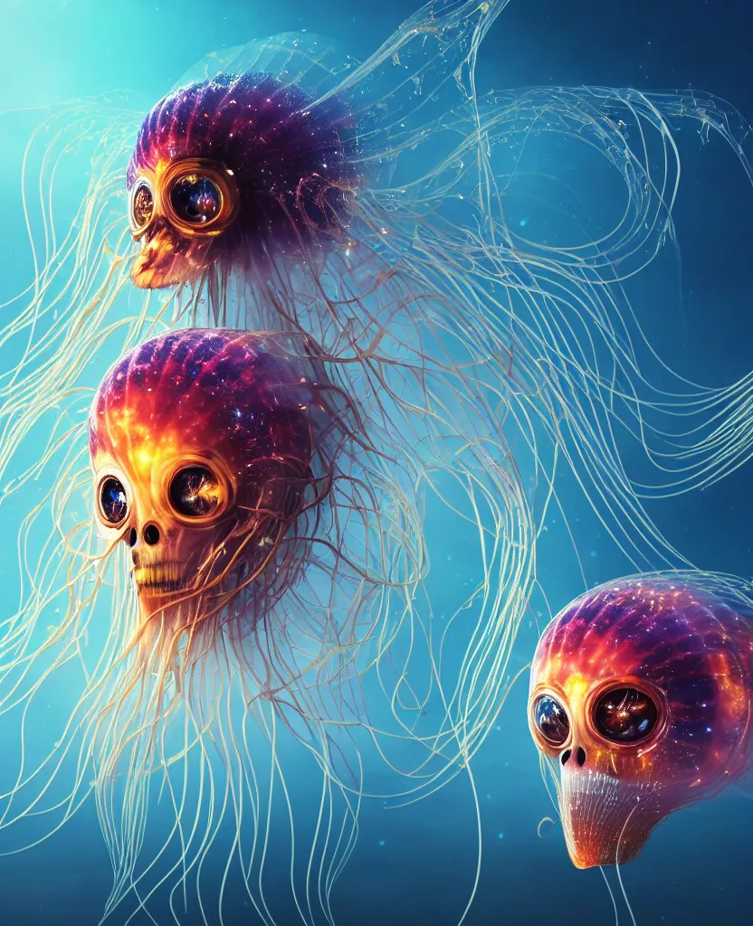 Image similar to close-up portrait of the face of a beautiful princess in a twisted flowers jellyfish mask in a spaceman suit surrounded by energy flow, epic angle and pose, symmetrical artwork, 3d with depth of field, blurred background, floating jellyfish skull phoenix bird, translucent, nautilus, energy flows of water and fire. a highly detailed epic cinematic concept art CG render. made in Maya, Blender and Photoshop, octane render, excellent composition, cinematic dystopian brutalist atmosphere, dynamic dramatic cinematic lighting, aesthetic, very inspirational, arthouse. y Greg Rutkowski, Ilya Kuvshinov, WLOP, Stanley Artgerm Lau, Ruan Jia and Fenghua Zhong