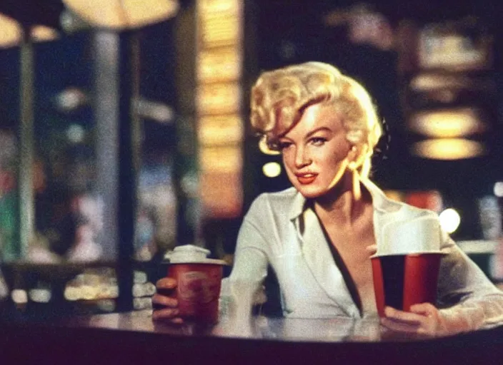 Image similar to A close-up, color cinema film still of a marlin monroe drinking coffee at a starbucks, ambient lighting at night, from Matrix(1999).