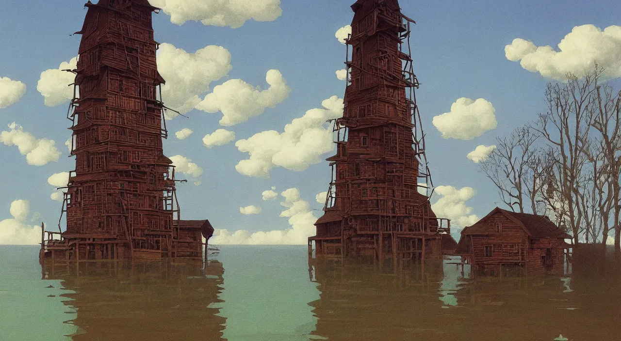 Prompt: single flooded simple old wooden tower, very coherent and colorful high contrast!! masterpiece by rene magritte simon stalenhag carl spitzweg syd mead norman rockwell edward hopper james gilleard, minimalist, dark shadows, sunny day, hard lighting