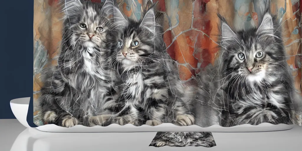 Image similar to a ( ( ( ( ( maine coon kitten ) ) ) ) ) in mandolorian ( tv ) artwork themed shower curtain, shower curtain. digital art. product photography. product lighting. 4 k, highly detailed. saturated. pixar 3 d.