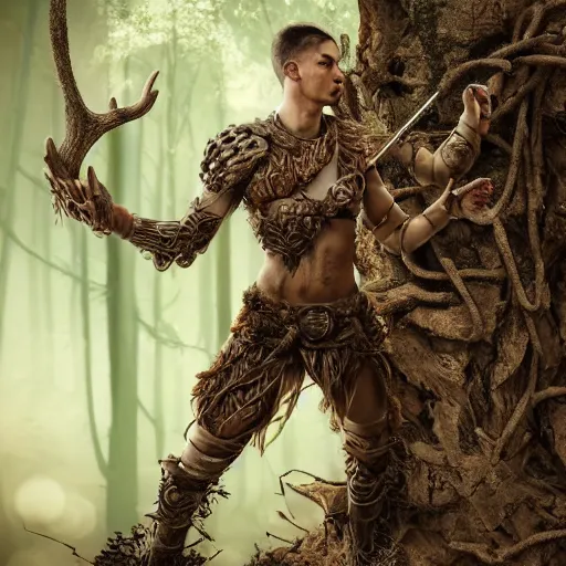 Image similar to warrior with surface of tree - bark, wearing stone wood vines antlers armor, holding laser rifle, lotus position, meditating, highly detailed, dramatic lighting, cinematic, sci - fi, hyperrealistic, detailed