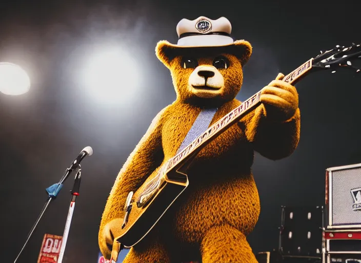 Prompt: photo still of smokey the bear on stage at vans warped tour!!!!!!!! at age 3 3 years old 3 3 years of age!!!!!!!! putting out a fire, 8 k, 8 5 mm f 1. 8, studio lighting, rim light, right side key light