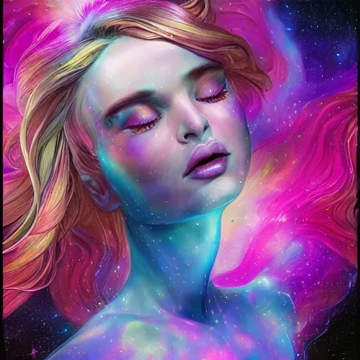 Prompt: a galaxy pink purple and blue colored, psychedelic ethereal portrait, kim petras with her eyes closed, transcending to a higher plane of existence, eternal blessing, multiverse, by android jones, by ben ridgeway, visionary art, by artgerm, featured on artstation, cgsociety, by greg rutkowski