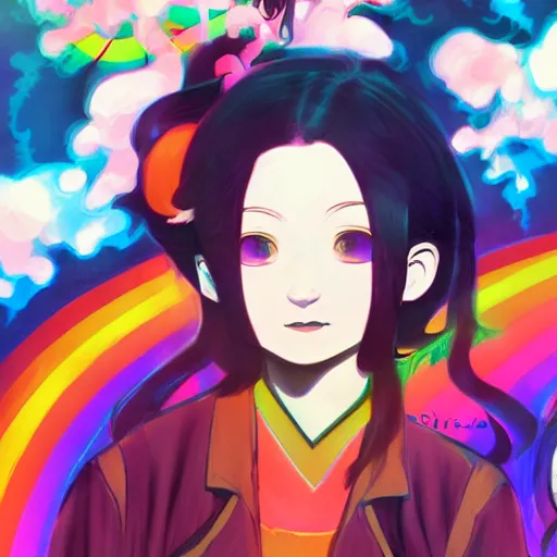 Image similar to Tanjiro Kamado and Nezuko Kamado; psychedelic; 4K; anime; artstation; art style of Ross Tran and Ilya Kuvshinov; LSD; rainbow